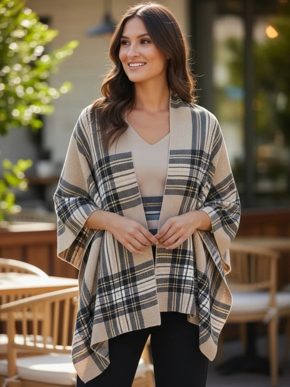 Marcus Adler Plaid Wrap Scarf in Beige and Black - Women's Accessory